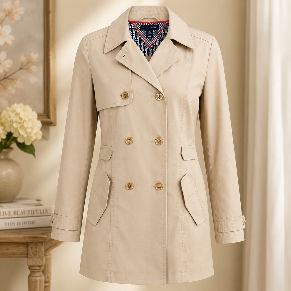 Tommy Hilfiger Women Size M Beige Double Breasted Trench Raincoat Jacket Preppy